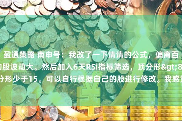 盈通策略 南申号：我改了一下清清的公式，偏离百分比改为7，因我的股波动大。然后加入6天RSi指标筛选，顶分形>80，底分形少于15。可以自行根据自己的股进行修改。我感觉自改后更适合我[握手]{参数设
